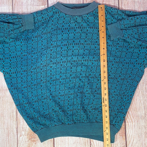 Jhane Barnes Men’s Large Vintage Teal Black Pattern Sweater 90s Knit Hong Kong - Picture 10 of 13